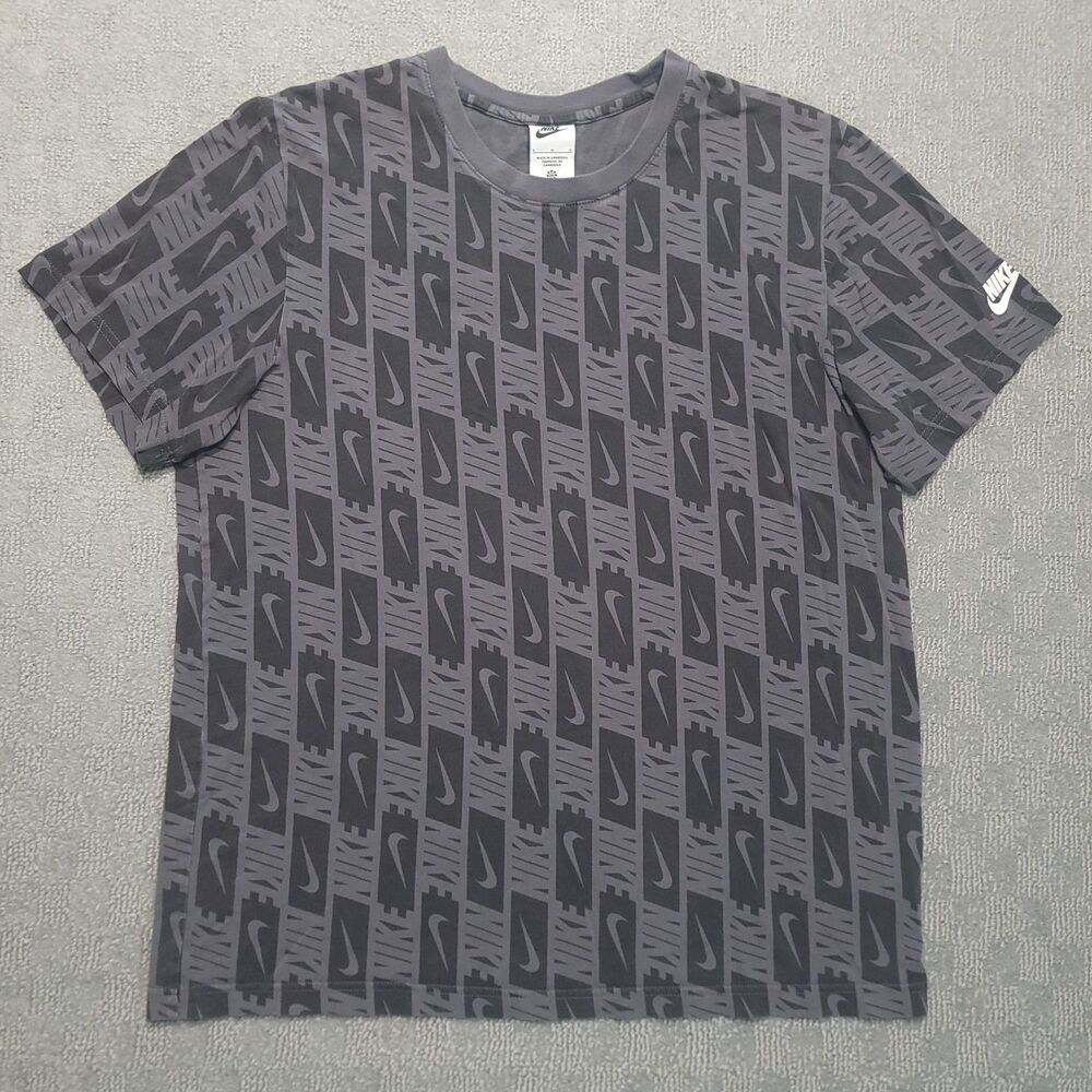Nike T Shirt Mens L Short Sleeve Logo All Over Swoosh Gray Black Cotton - Picture 3 of 8